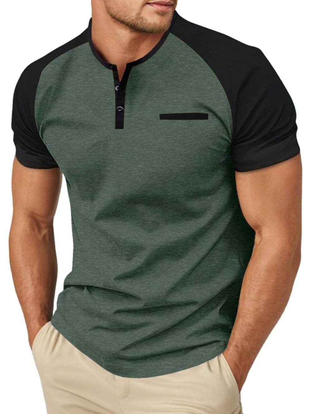Men's Cotton Henley Short Sleeve Casual T-Shirts with Pocket